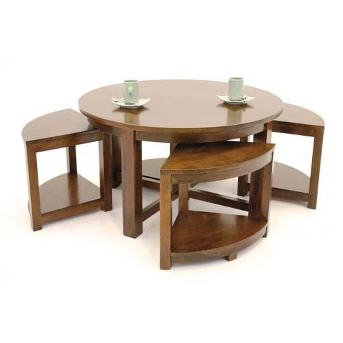 Grande Table Basse 4 Tabourets Bois Massif Oméga - Contemporain
