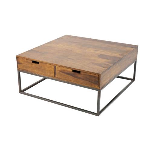Table Basse Carrée Loft Fer Forgé Et Palissandre - meuble style industriel