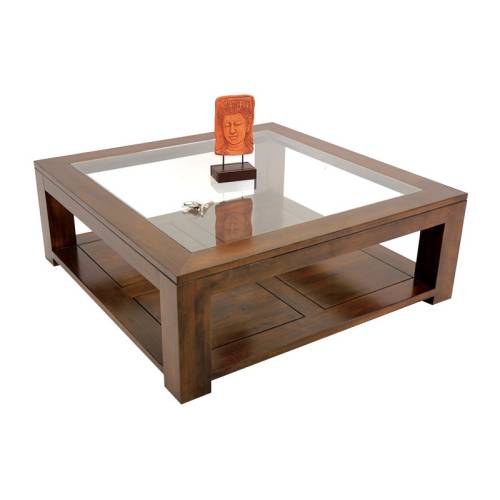 Table Basse Carrée Vitrée Bois Massif Oméga - Contemporain