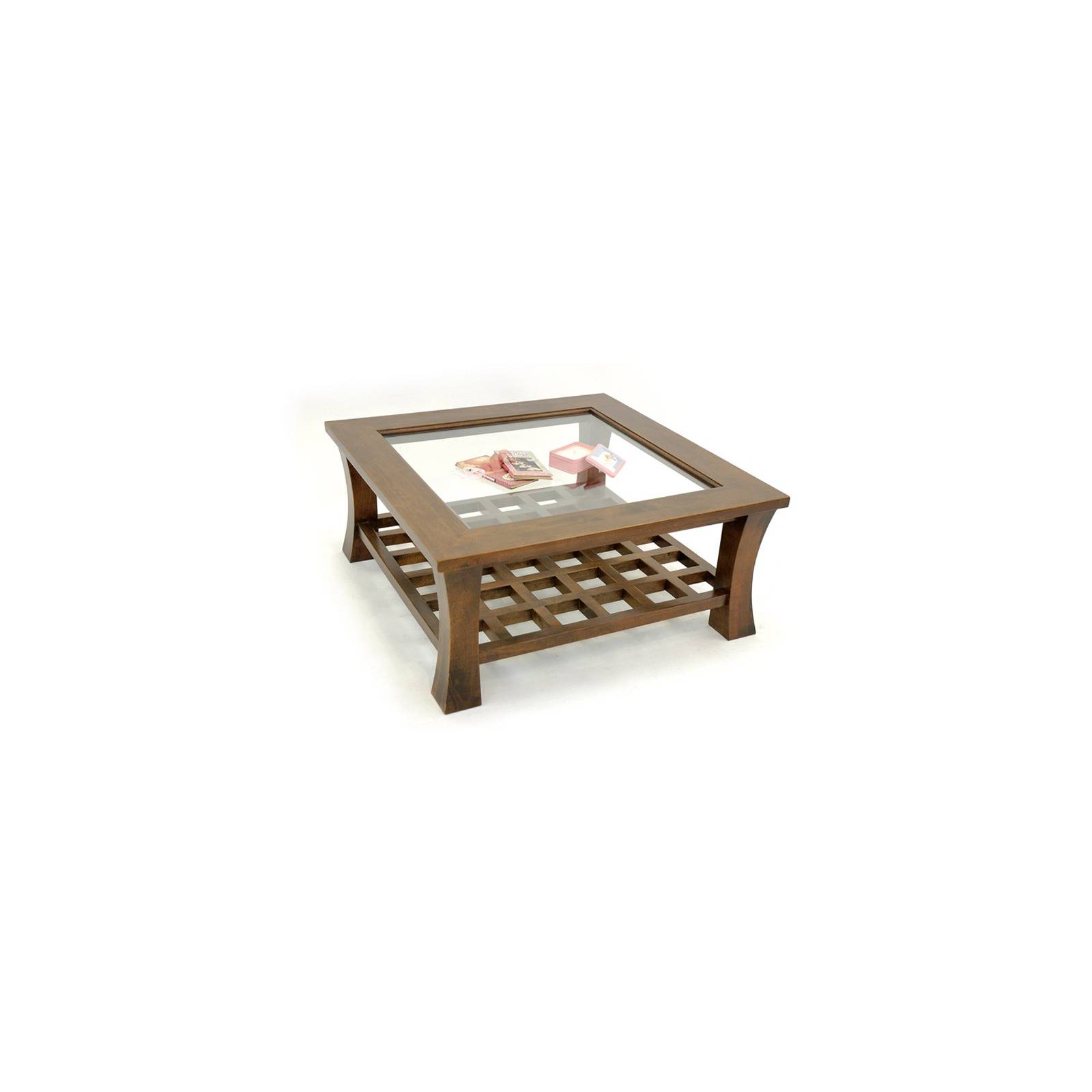 Table Basse Carrée Vitrée Chine Hévéa - meuble bois exotique