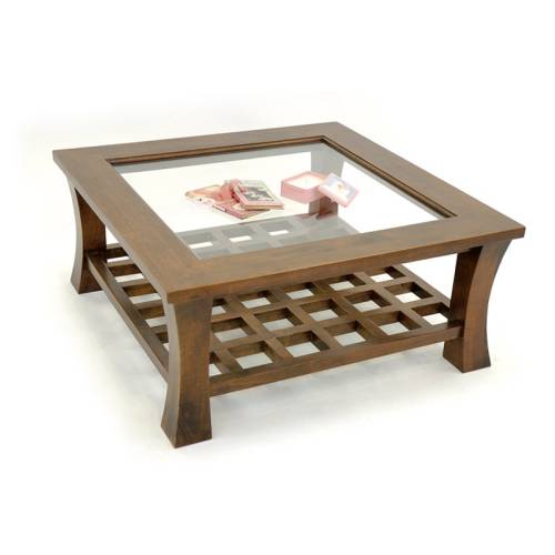 Table Basse Carrée Vitrée Chine Hévéa - meuble bois exotique