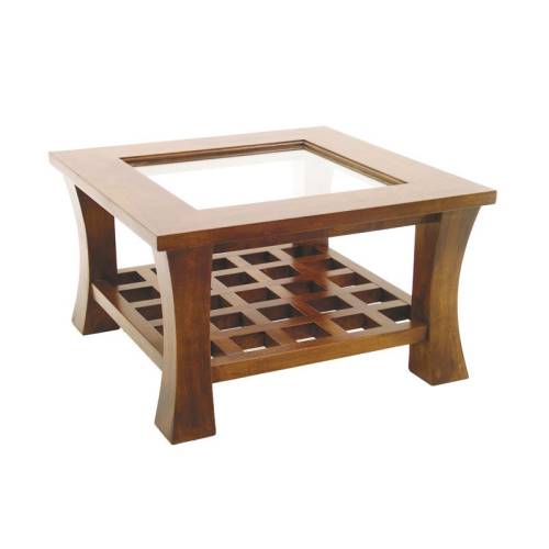 Table Basse Carrée Vitrée PM Chine Hévéa  - meuble bois exotique