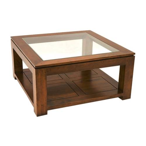 Table Basse Vitrée Carrée Bois Massif Oméga - Contemporain