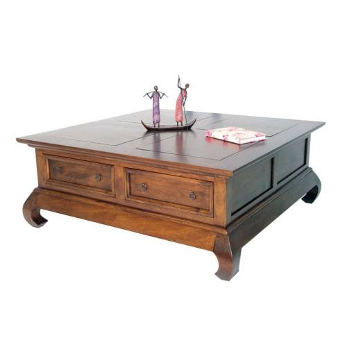 Table Basse Opium Carrée Tiroirs Chine Hévéa - meuble bois exotique