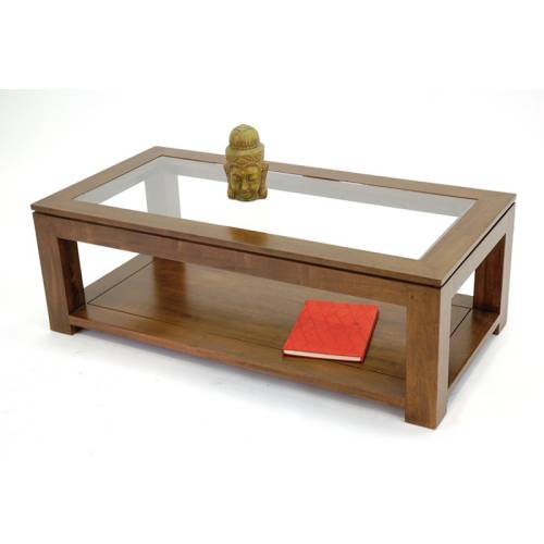 Table Basse Vitrée Rectangulaire Bois Massif Oméga - Contemporain