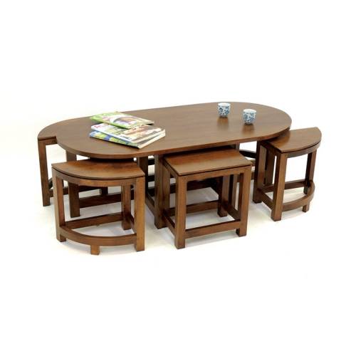 Table Basse 6 Tabourets Bois Massif Oméga - Contemporain