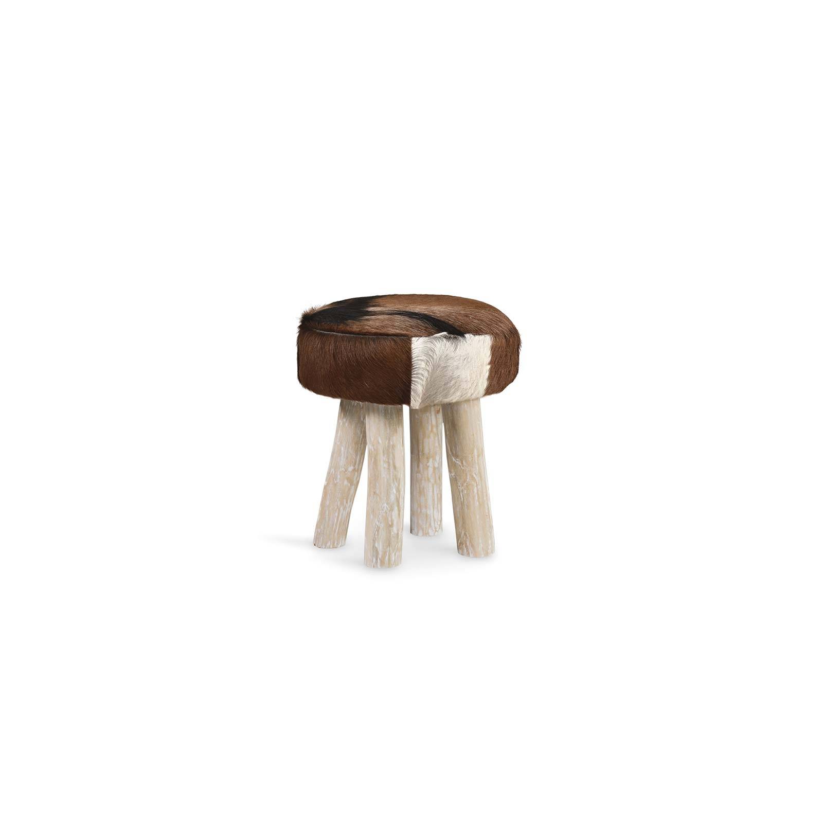Tabouret rond en peau de chèvre | Teck