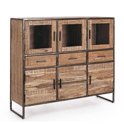 Buffet 6 portes 3 tiroirs en acacia et métal