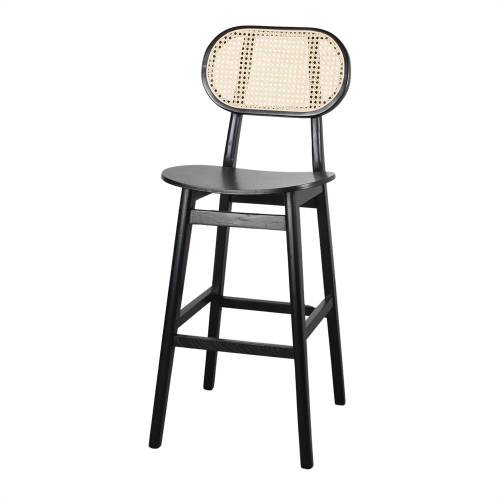Tabouret de bar noir et bois avec dossier en cannage