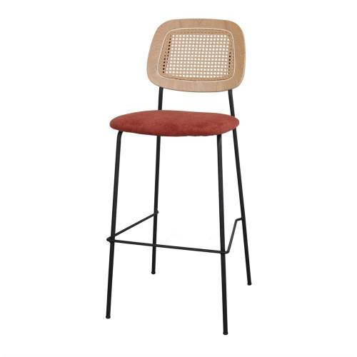 Tabouret haut rouge tapissé et dossier cannage