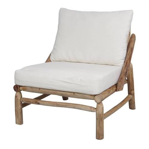 Fauteuil bois exotique et coussin blanc
