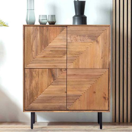 Buffet haut bois sculpté motif géométrique 4P | Manguier Kabir
