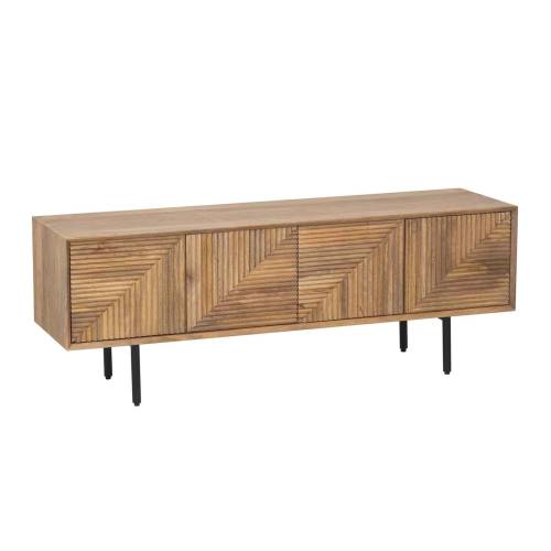 Meuble Tv bois sculpté motif géométrique 4P | Manguier Kabir