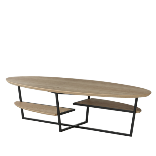 Table basse ovale LIGNART en chêne massif et métal avec étagère