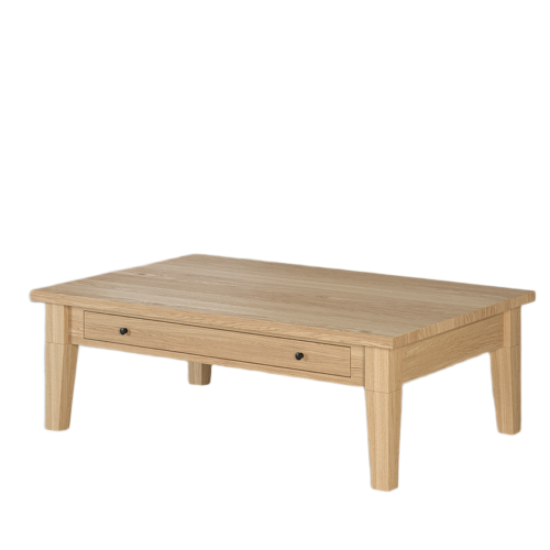 Table basse en chêne massif clair avec tiroirs et poignées rondes sombres LIGNART.