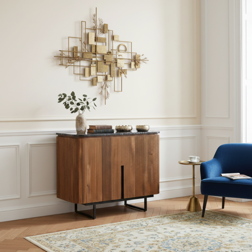 Petit buffet 2 portes bois de manguier et plateau marbre