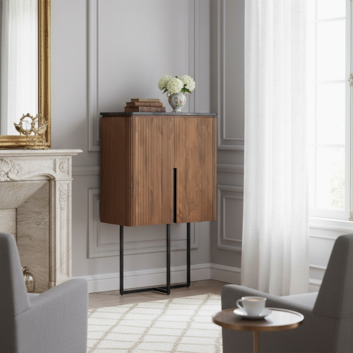 Buffet haut bois manguier et marbre 2 portes