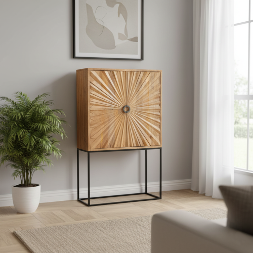 Buffet haut sculpté en manguier massif et métal