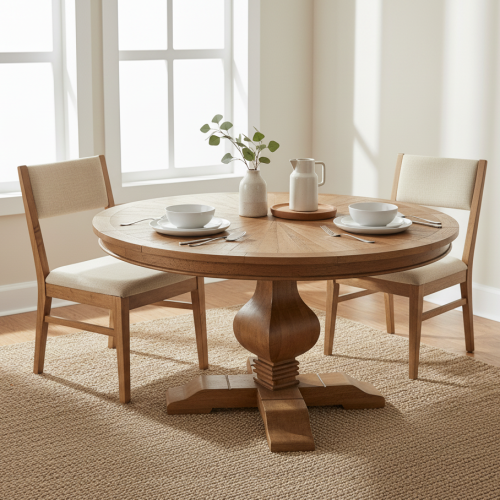 Table ronde pied central en manguier massif