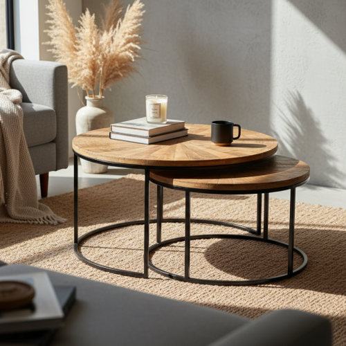 Set de 2 tables basses rondes gigognes en manguier et métal