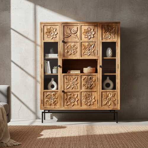 Bibliothèque 4 portes sculptées en manguier massif