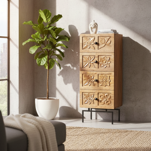 Semainier 4 tiroirs en manguier massif sculpté