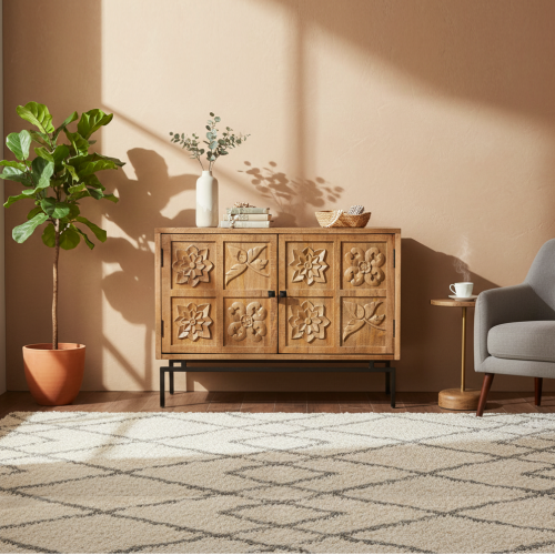 Buffet bas bois sculpté en manguier massif