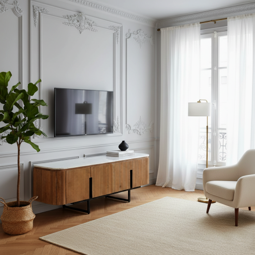 Meuble TV bas 4 portes plateau marbre blanc | Manguier Ibiza